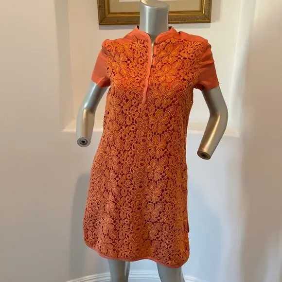 ALBERTA FERRETTI Embroidered Tunic Mini Dress Orange Short Sleeve Size 4 ALBERTA FERRETTI Embroidered Tunic Mini Dress Orange Short Sleeve Size 4